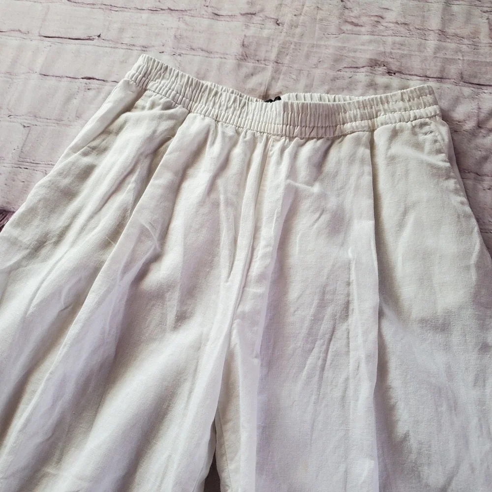 Zara Linen White Pants Wide-leg High-waisted Pull-on Elastic Waist Pockets Med